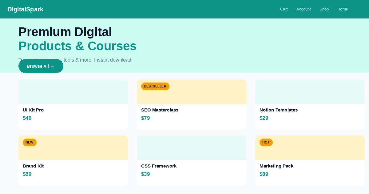 Digital product shop with bundles and shopping cart