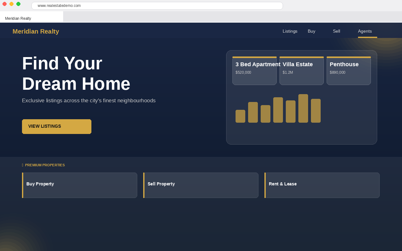 Real estate agency website with property listings and agent profiles