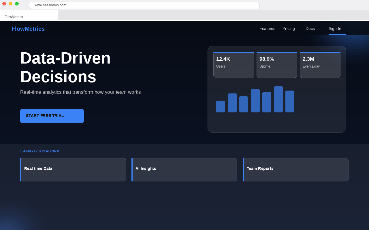 SaaS analytics platform website with dashboard mockup, feature list and pricing